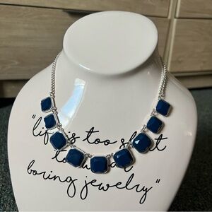 Vintage 2010s Square Cut Navy Blue Stone Bezel Facets Silver Statement Necklace